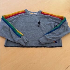 Gray women’s aviator nation Shirt with Rainbow Stripes